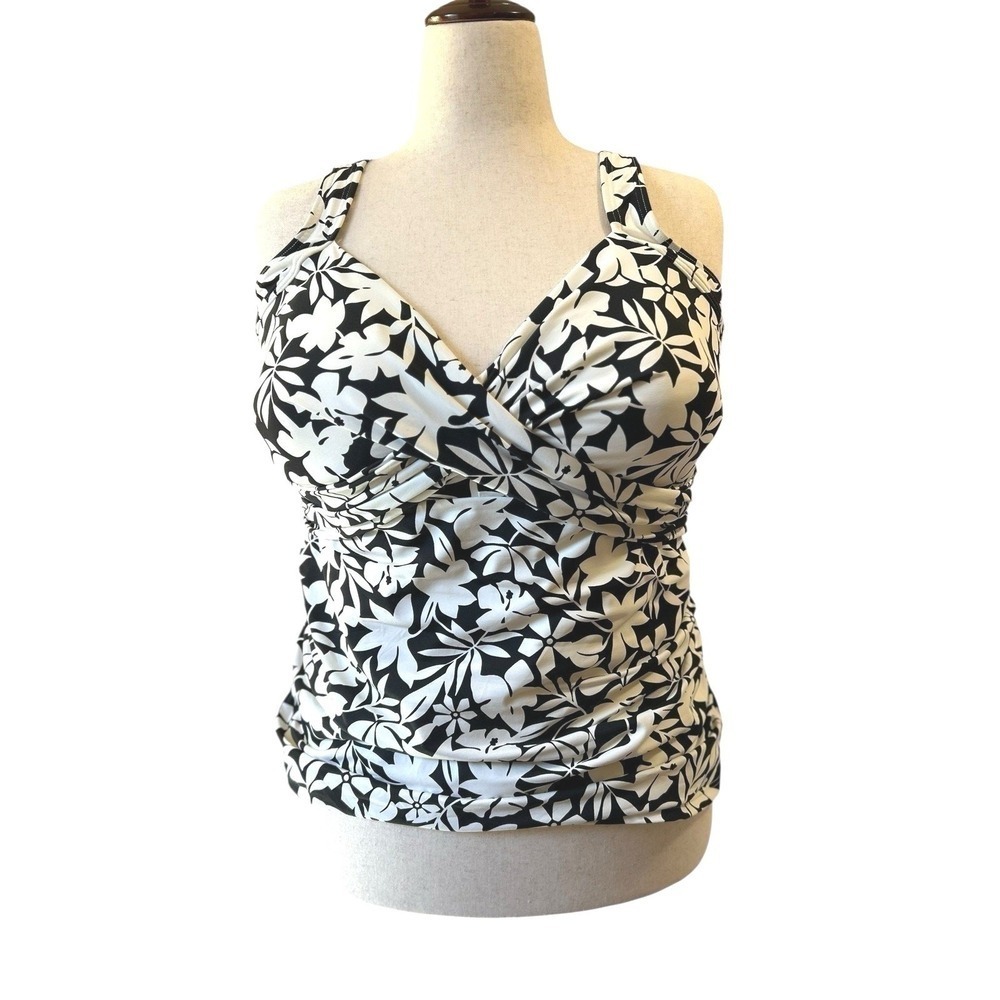 Lands' End Black White Havana Floral Underwire Tankini SWIM TOP 16G Stretch
